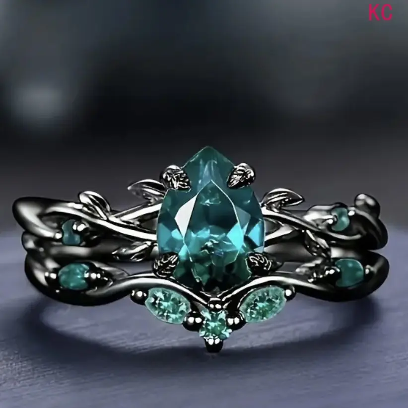 Gunmetal Matching Ring Set Inlaid With Green Stones, Stylish Finger Jewelry For European American Women Engagement And Daily Wear