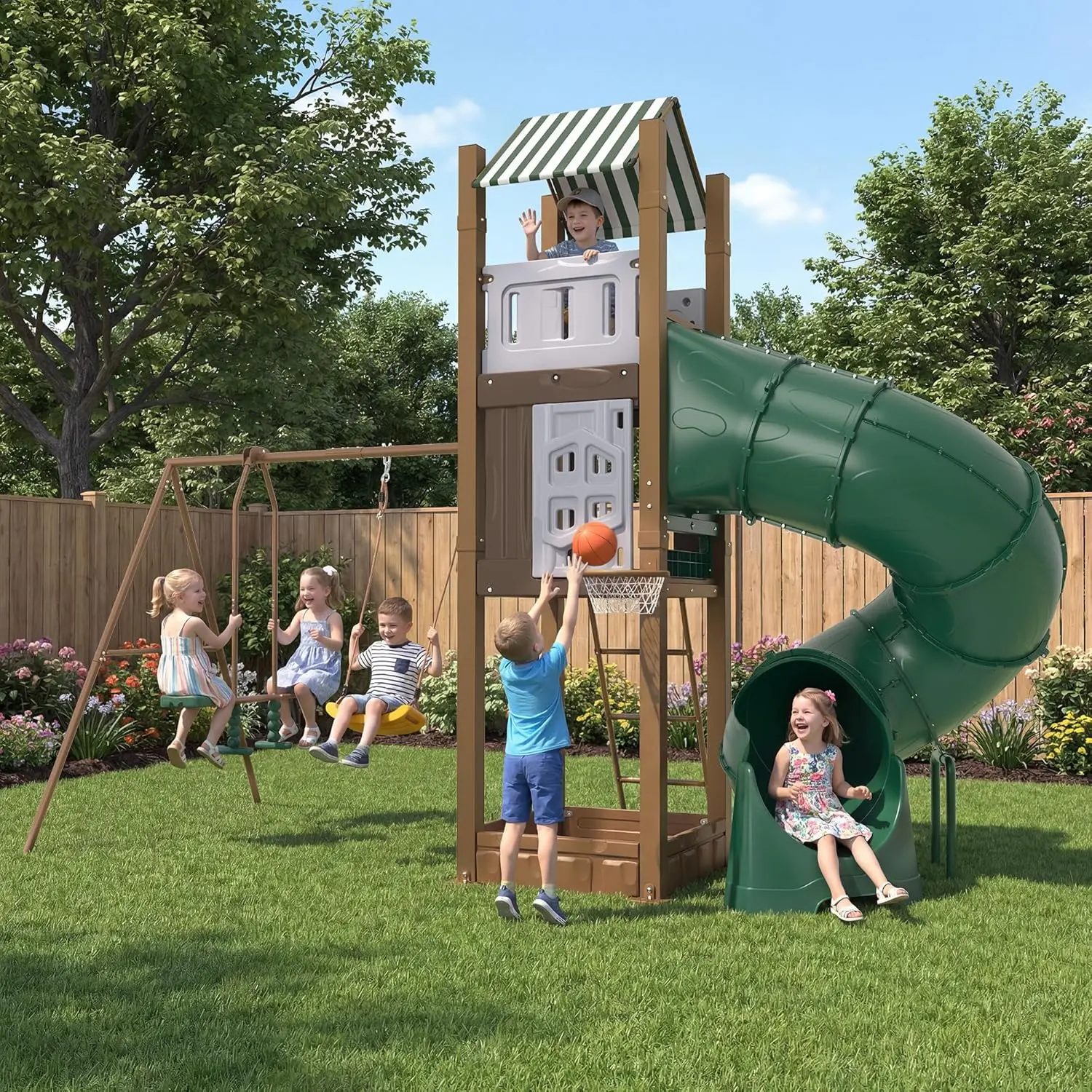 Outdoor Playground Set for Kids Ages 4-8, Backyard Playhouse with Tube Slide, Climbing Ladder, Belt Swings, Sandbox & Basketball Hoop, Large Outdoor Playset