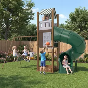 Outdoor Playground Set for Kids Ages 4-8, Backyard Playhouse with Tube Slide, Climbing Ladder, Belt Swings, Sandbox & Basketball Hoop, Large Outdoor Playset