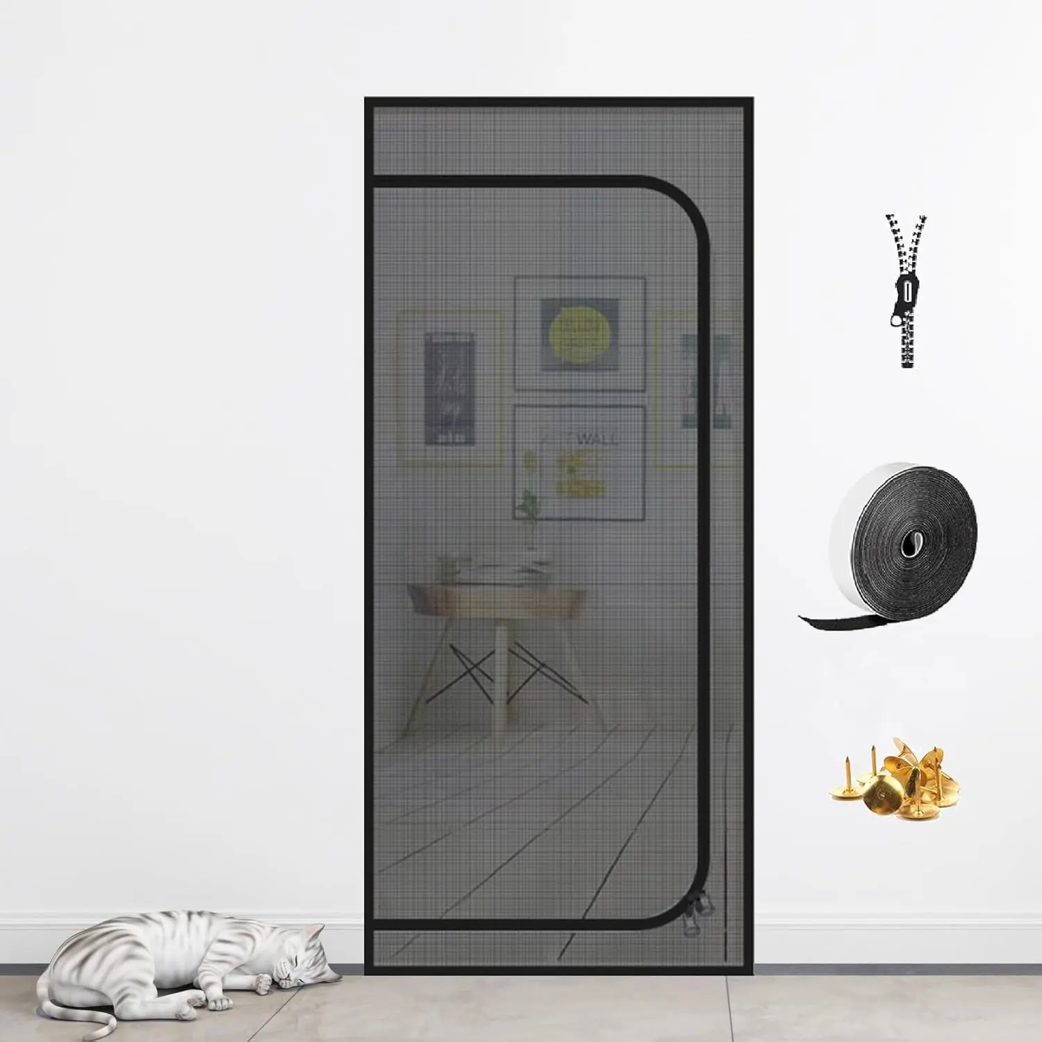 Cat Resistant Mesh Screen to Stop Cats Running Out, Thickened Easy Install Pet Screen Door with Zipper Closure for Doorways, Bedroom, Kitchen, Patio (Fits Doors Up to 36"x80")