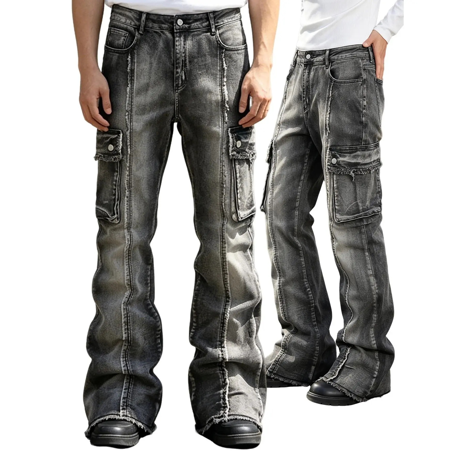 Men's Streetwear Work Jeans in Washed Gray Denim Fabric, Flared Pants with Unique Fur Trim for Casual Outfits, Menswear, Pocket, Flare Jeans, Flared Jeans