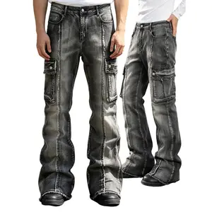 Men's gray washed workwear slightly flared jeans, fur-trimmed denim trousers, street-style casual pants
