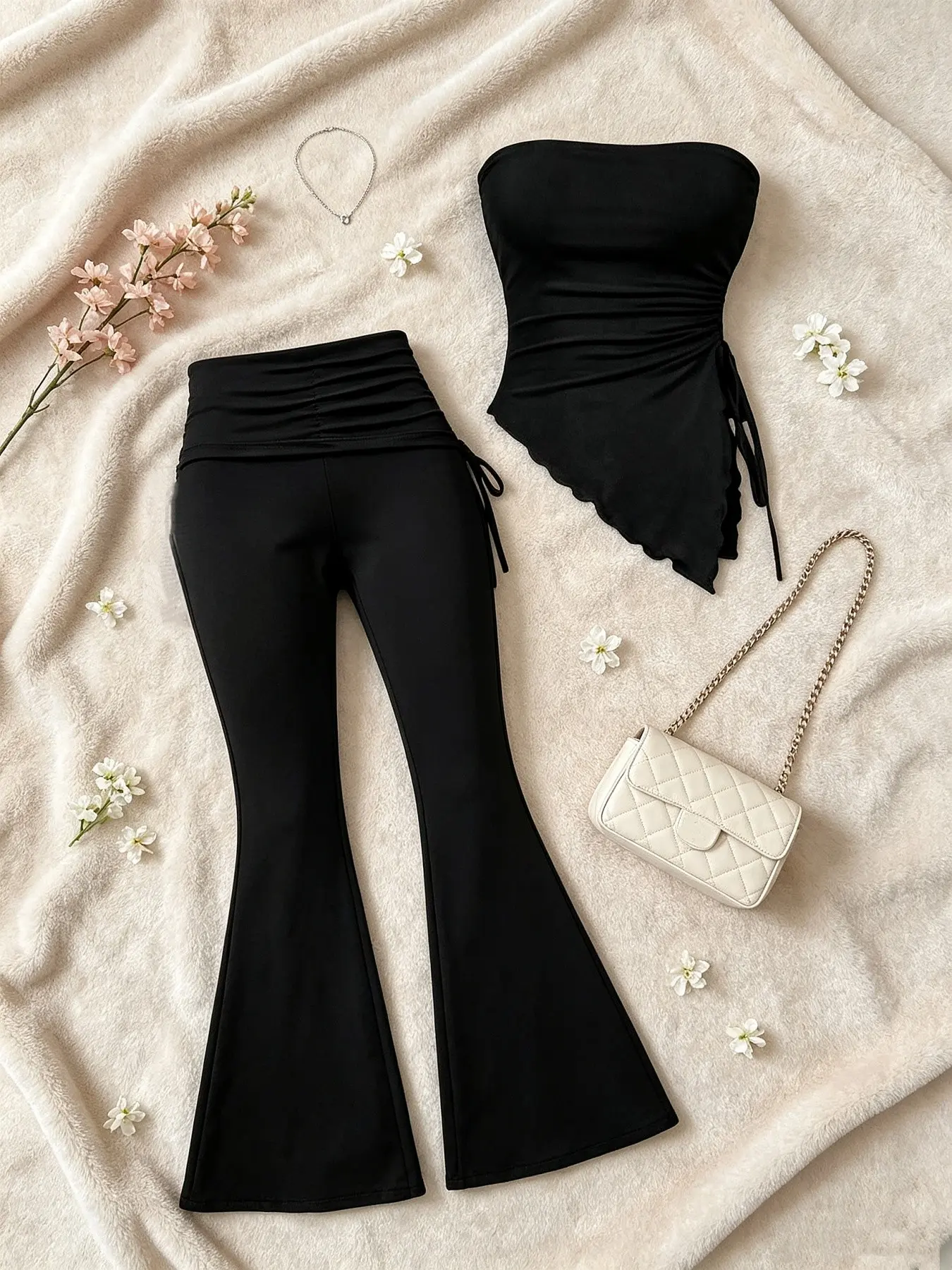 Fashionable, plain and basic style versatile women's home, casual, commuting multi-functional tube top drawstring flared pants set Stretchy Outfit Sets