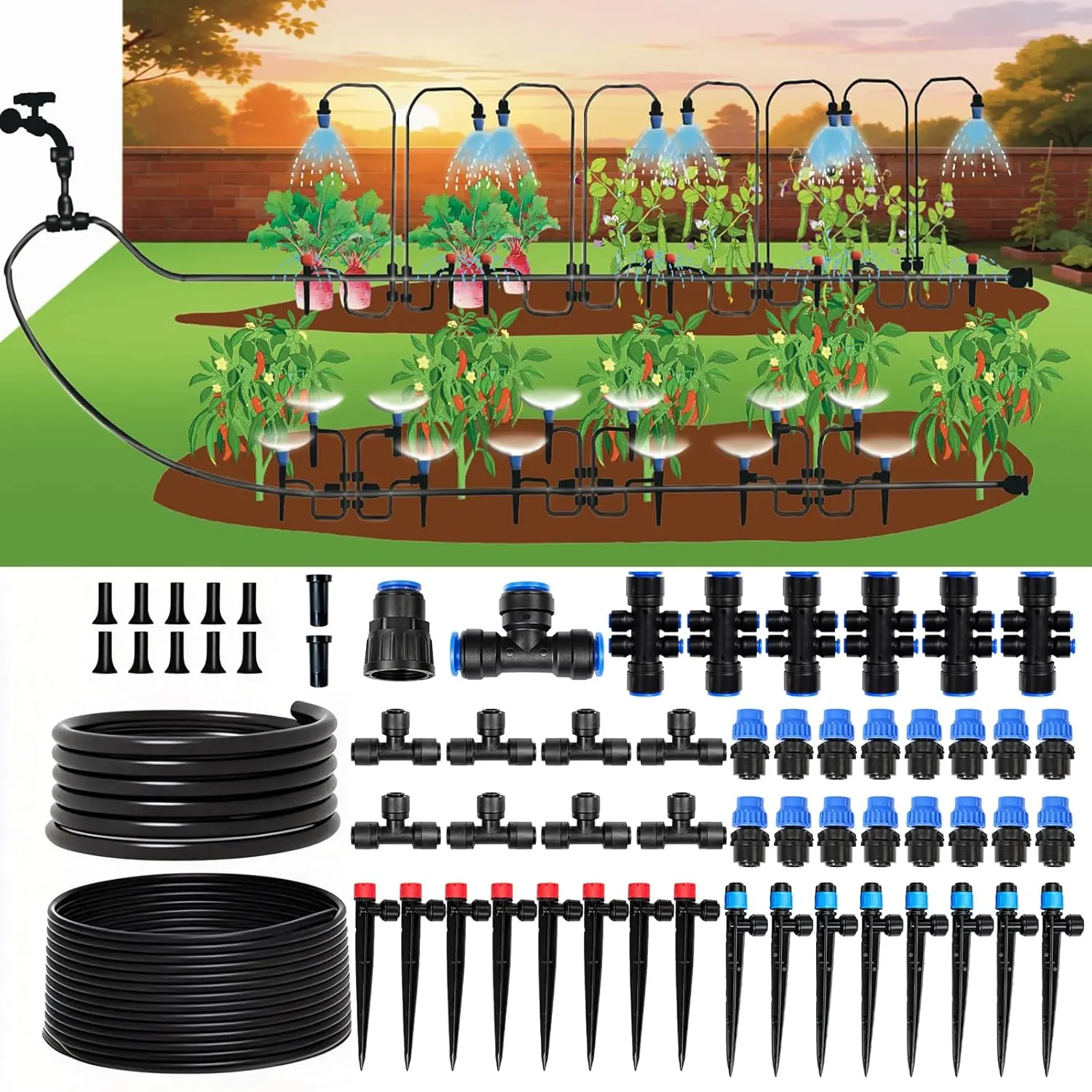 230FT Drip Irrigation System Kit, Quick Push-to-Connect Auto Garden Watering Irrigation System with 33FT 1/2'' & 197FT 1/4'' Tubing, Adjustable Dripper Sprayers for Raised Bed, Lawn, Greenhouse