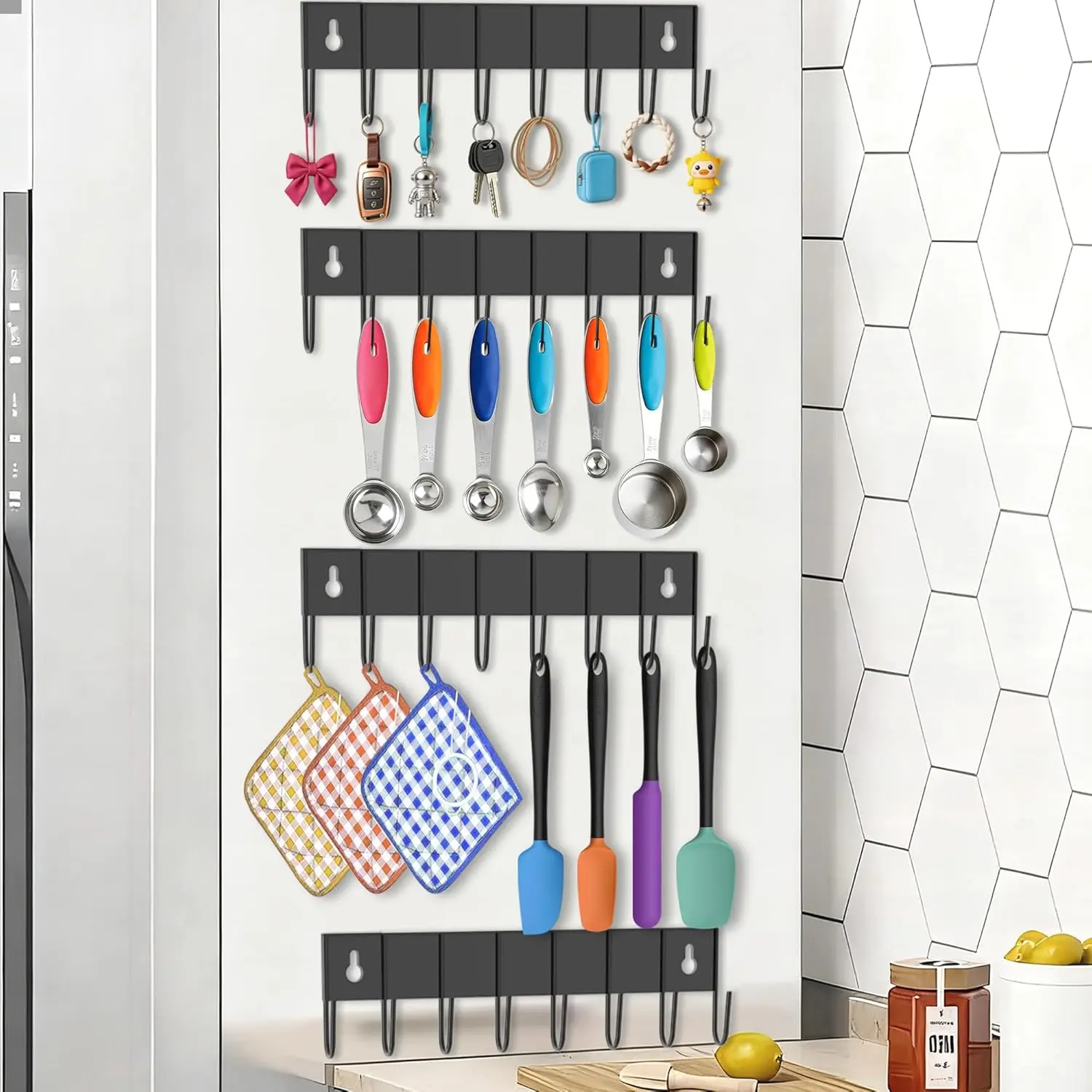 Magnetic Key Holder with 8 Hooks for Fridge Key Hanger Organizer for Wall Mount with 8 Self-Adhesive Sticker No Drilling Required Metal Key Rack for Door, Bathroom, Kitchen,Garage (4, Black)