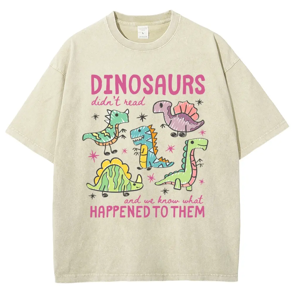 Men's Cotton Casual Fit Unisex Tops - Funny "Dinosaurs Didn’t Read" Dino Teacher Book Lover Washed T-shirt, Librarian Literacy Gift For Reader, Fabric, Oversize, Book-Themed, Multi-Size