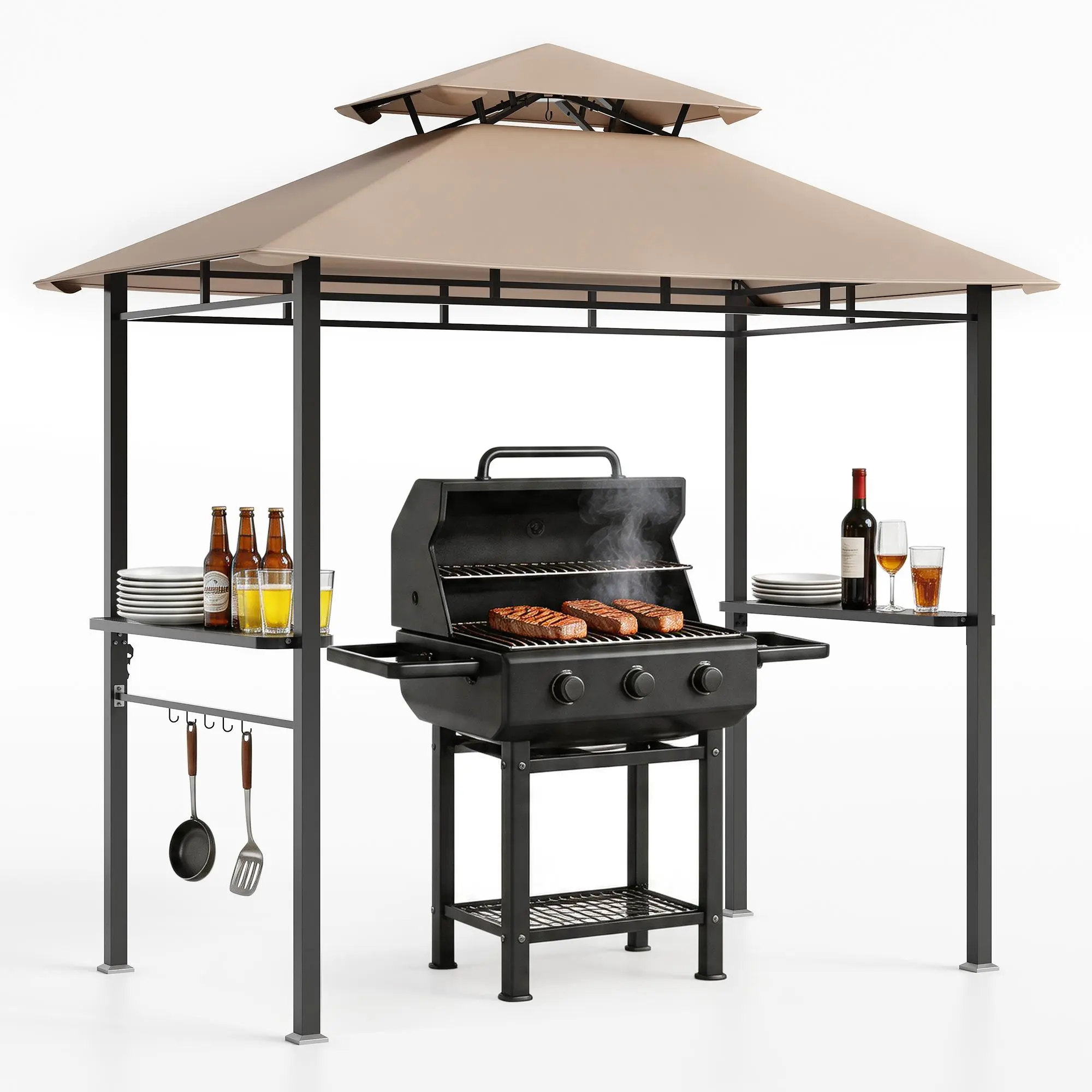 8'x5' BBQ Grill Gazebo – Waterproof, Double-Tier Roof | With Bar Counters & Hooks | For Patio, Deck, Garden | UV-Protected, Ventilated | Metal Frame, Wind Resistant | Outdoor Kitchen Shelter | Easy Assembly | Black/Khaki | All-Weather BBQ Cover