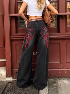 Low Waist Black-Grey Washed Cross Vine Embroidered Wide Leg Jeans, Loose Draped Slimming Floor-Length Denim Pants, Retro American Alt Trousers for Women, Ideal for Daily, Party, Streetwear