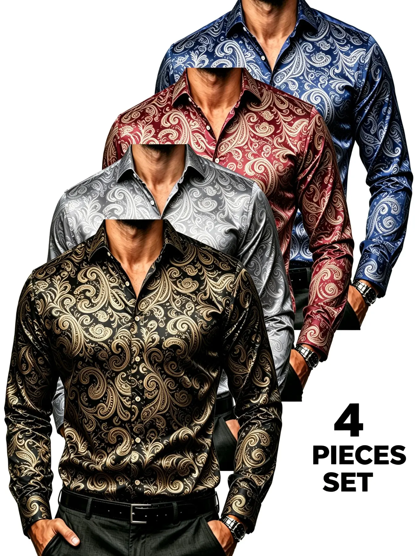 4-Pack Men's Casual Long Sleeve Plaid Shirt, Paisley, Slim-Fitting Full Placket Top, All-Season Unlined Clothing, Ideal for Daily Wear
