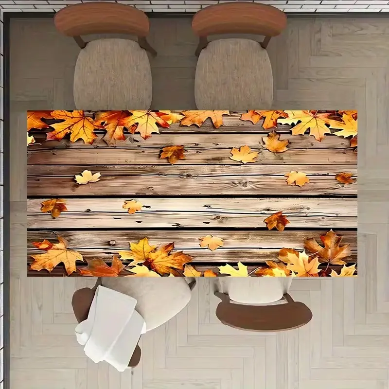 2D Flat Party Tablecloth 1pc, Fall Leaf and Wood Design, Durable Polyester Square Table Cover, Thanksgiving, Halloween, Outdoor Decor
