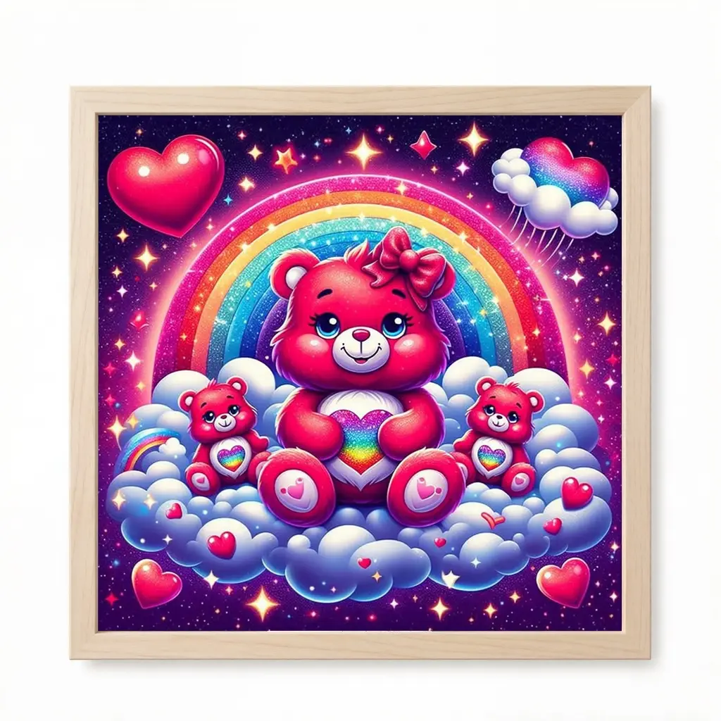 One piece 2D flat frameless handmade DIY diamond painting kit, cute dreamy style, pink love bear with rainbow, clouds, stars and shiny diamonds, ideal for home decoration and handcraft enthusiasts