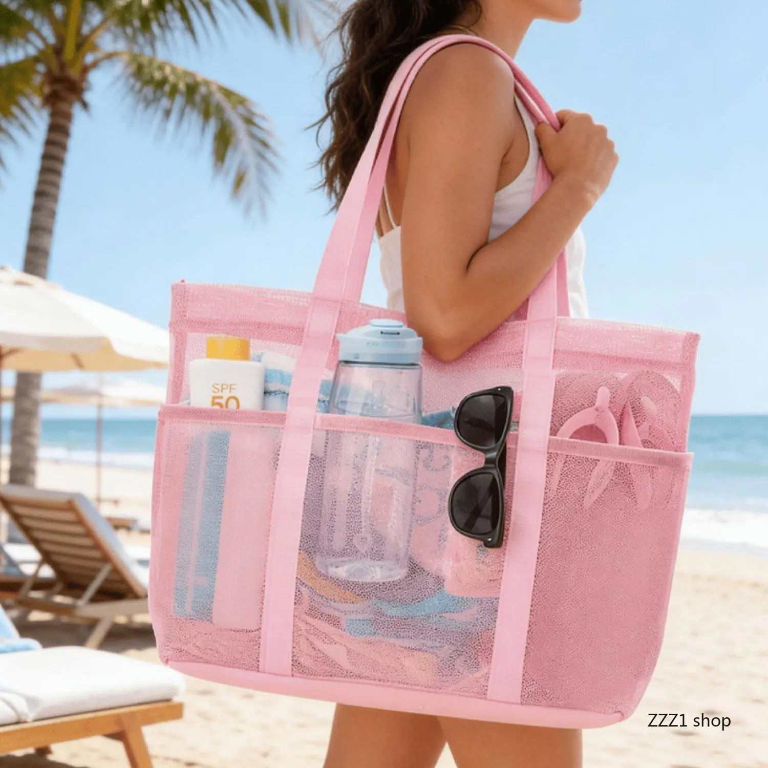 Women's Sandproof Mesh Beach Bag - Large-Capacity Multi-Pocket Shoulder Tote, Lightweight Water-Repellent Carry for Holiday Beach Travel, Sports & Outdoor Gym Accessory, Other