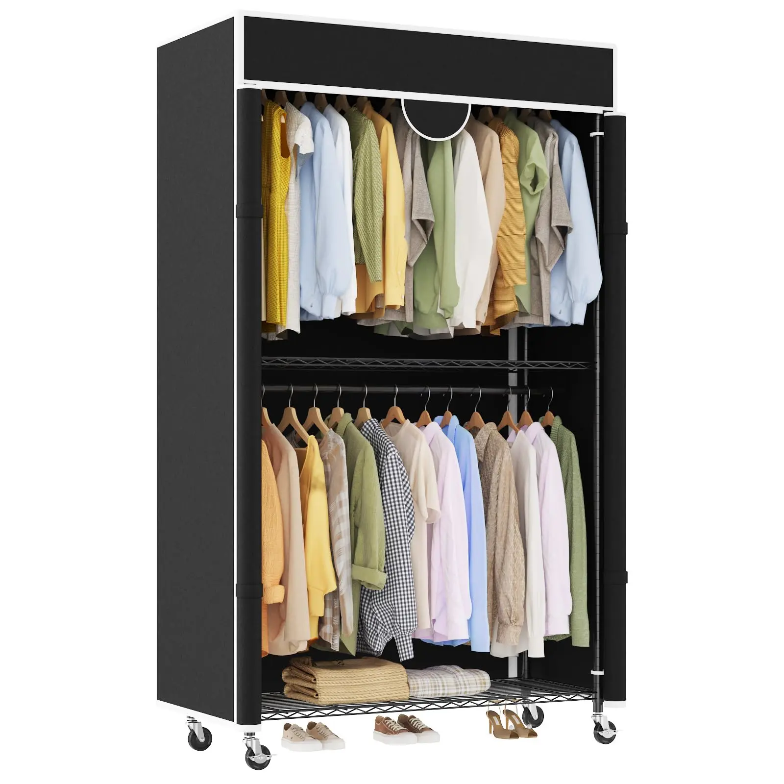 Heavy Duty Carbon Steel Portable Closet Wardrobe - Clothes Rack with Cover - Dustproof, Tool-Included Assembly - Freestanding Storage Organizer on Wheels for Bedroom, Laundry, and More