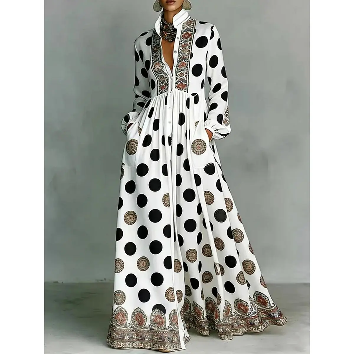 High Waisted Long Sleeves Big Hemline Buttoned Contrast Color Pleated Pockets Polka-Dot Stand Collar Maxi Dresses（Ladies with C - Cup and Above Need To Order One Size Up）