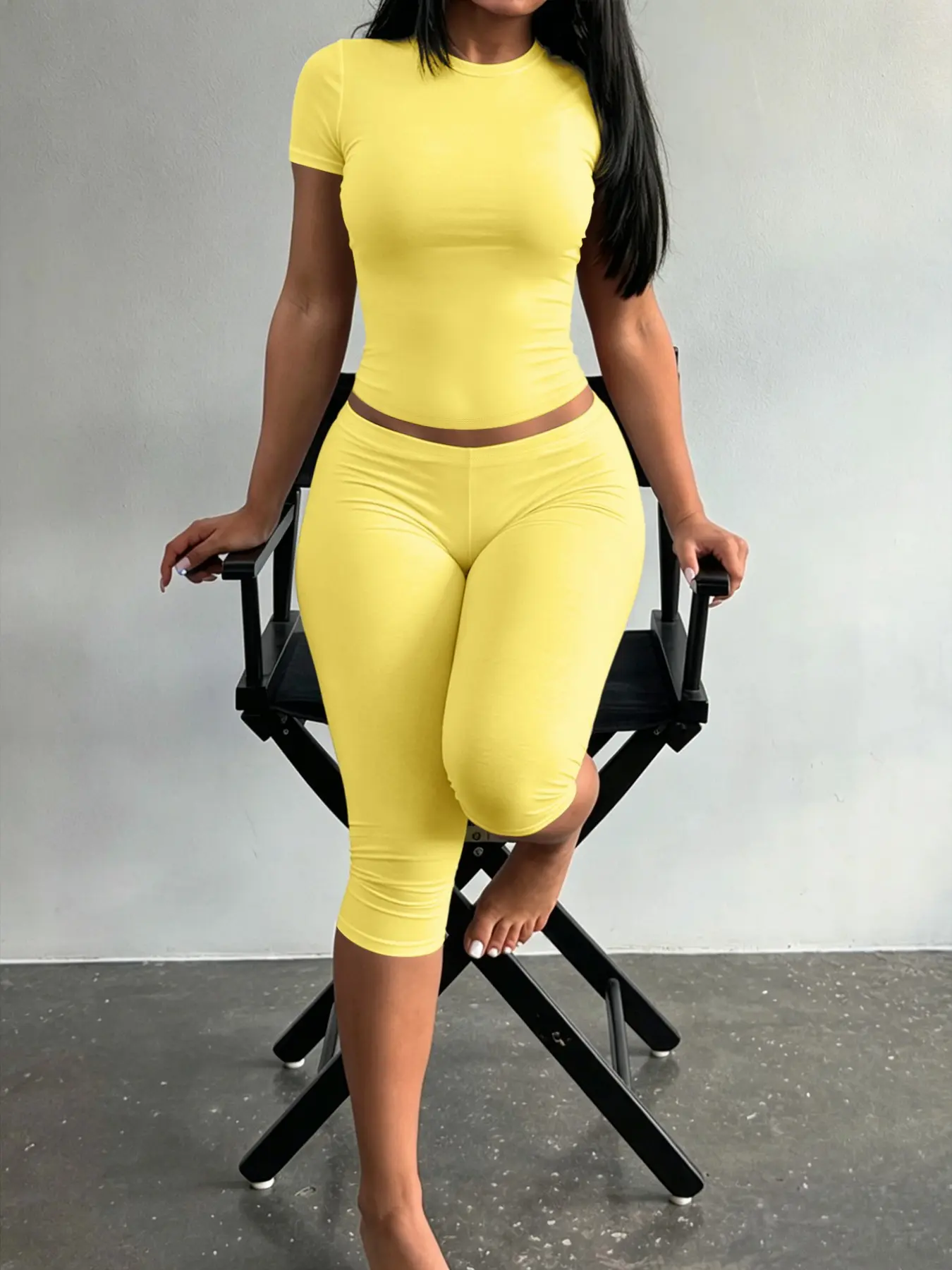 Lw-Sherowear Solid Color Classic Casual Everyday Short Sleeve Mid-Length Pants Set, Perfect for Home Wear, Ideal for Summer Days