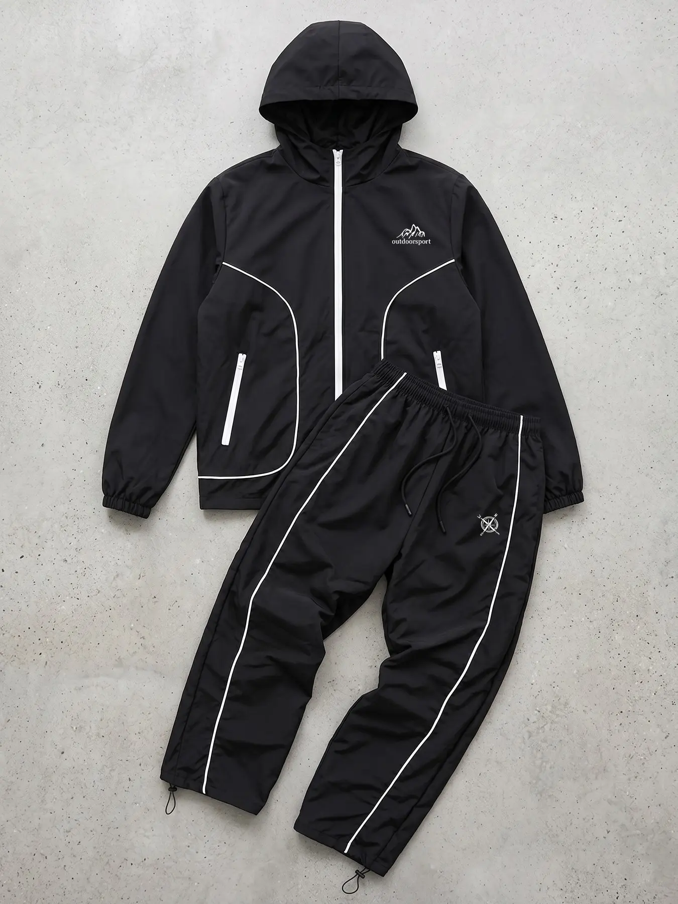 Men's Mountain Print Outdoor Sporty Suit, 2 Piece Sweatsuit Set with Contrast Binding, Hooded Full Zip Windbreaker Jacket with Zipper Side Pocket, Quick Dry Athletic Sweatpants with Adjustable Drawstring Ankle Cuffs