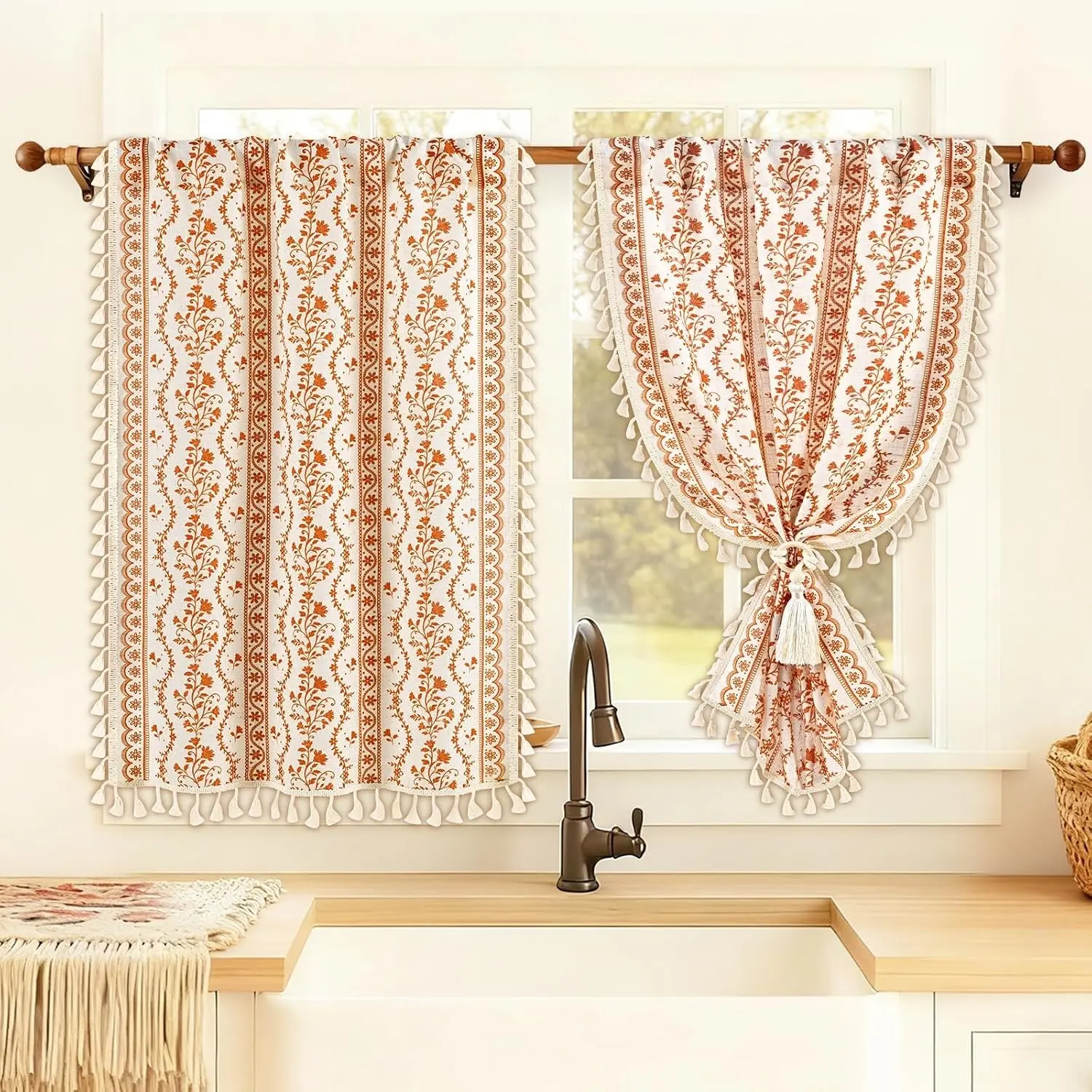 2-Panel Tiered Boho Linen Cafe Curtains for Cafe Window, 36" Long Light Filter Drapes with Tassel & Tiebacks, Vintage Bohemian Floral Rustic Farmhouse Rod Pocket Curtains, White Orange Set