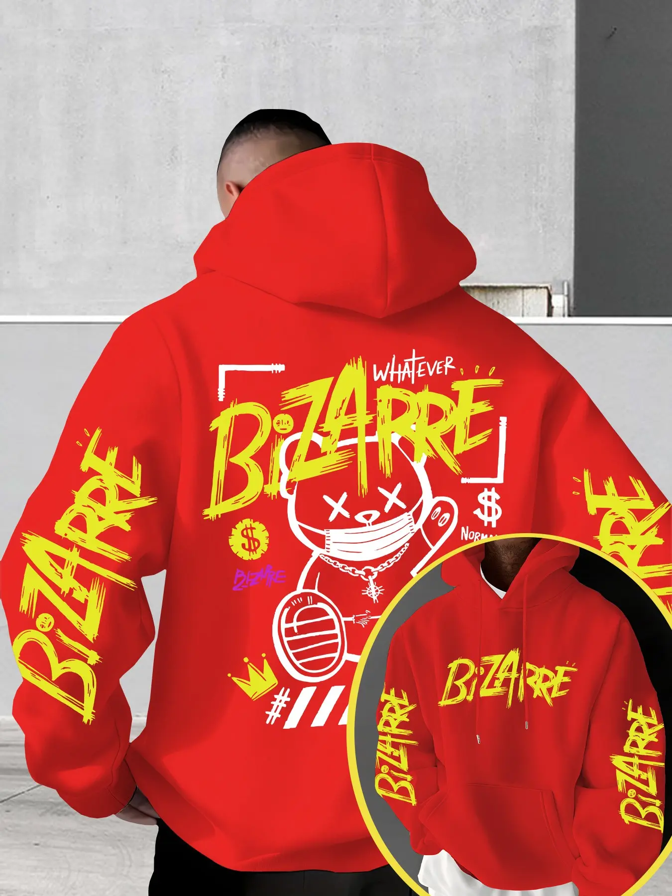 Men's Pullover Hoodie with Bear Print, Casual Fitted Style, Comfortable Autumn Winter Gift, Geometric Pattern, Unlined Apparel