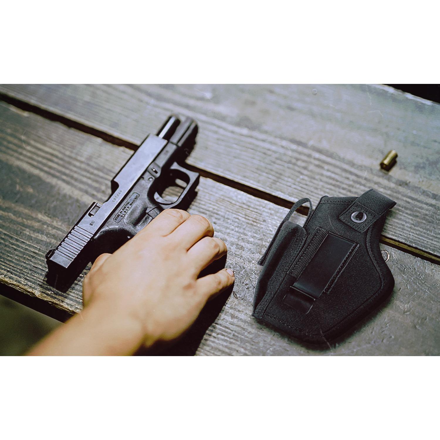 Pistol holsters (for 9mm, .380, and .45ACP pistols), IWB/OWB concealed carry holsters with magazine pouches for men and women, ambidextrous concealed carry (CCW) holsters (fit Glock, Smith & Wesson M&P, and SIG Sauer pistols), pistol mounting systems, eve