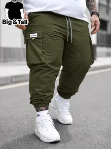 Large Size Men's Plain Casual Cargo Pants, Fashionable Loose Fit, Comfortable Daily Wear, Ideal for Outdoor Activities, Running, Everyday