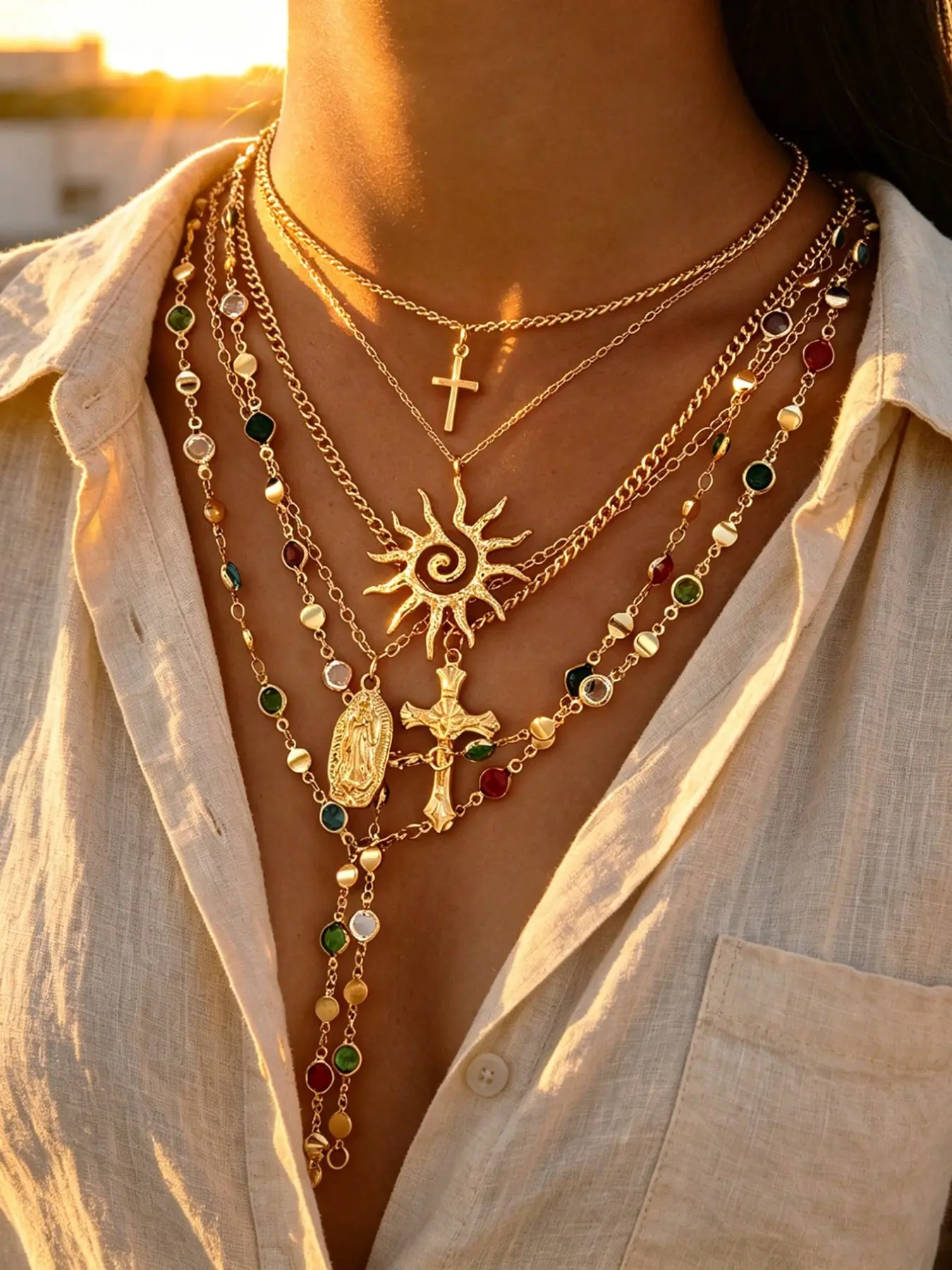6pcs Multi-Layer Stackable Necklaces, Vintage Geometric Sun Embossed, Colorful Rhinestone Bling, Suitable For Women To Wear In Daily, Vacation, Casual Gathering, Party, Jewelry Gifts