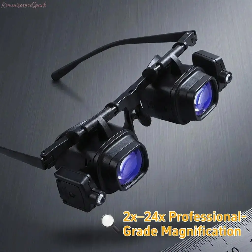Wearable Headband Magnifier Glasses - Adjustable Sports Eyewear, Durable ABS Construction, Interchangeable 2X-24X Acrylic Lenses, Built-In LED Lamp, for Cell Phone Maintenance, Small Electronic Inspection