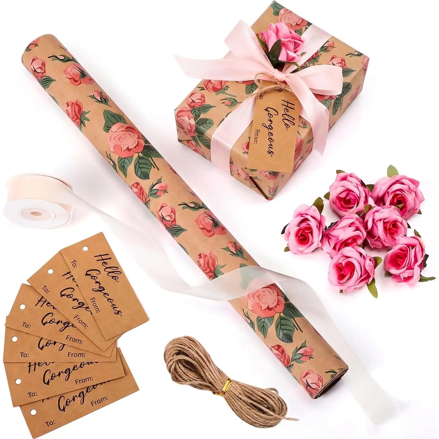 10 Sets   Wrap Supplies, 17 in x 16.4 ft Floral Wrapping Paper Roll with  Tags Ribbons  Wrap Kit for Women Wedding Bridal Shower Birthday Gifts( Roses)