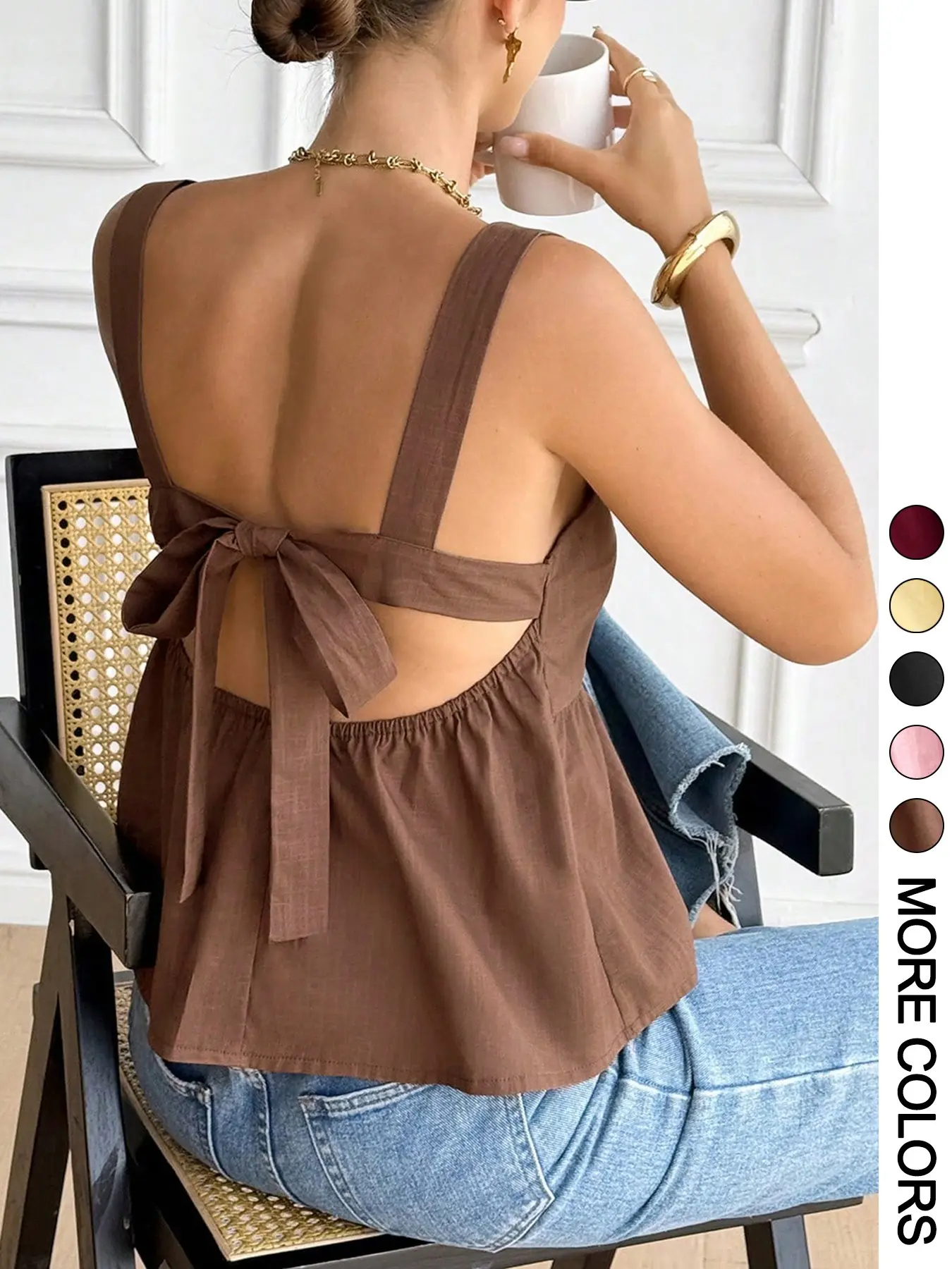 Sleeveless Gathered Waist Open Back Bow Tie Chic Casual Summer Top, Ladies' Streetwear