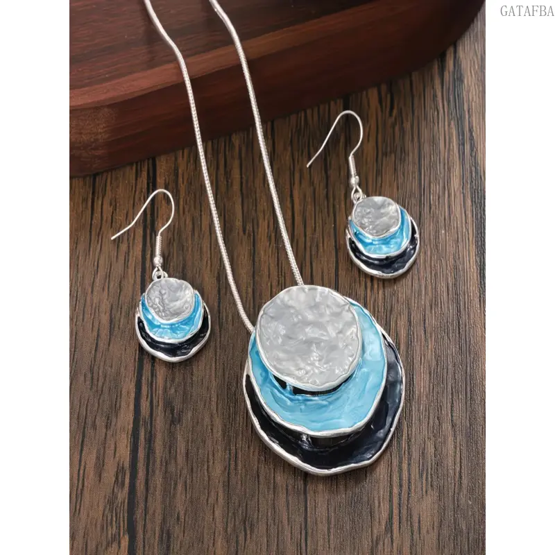Boho Three-Layer Round Zinc Alloy Enamel Jewelry Set, Elegant Necklace & Earring Set for Women, Fashion Accessories Suitable for Party and Festive Occasions
