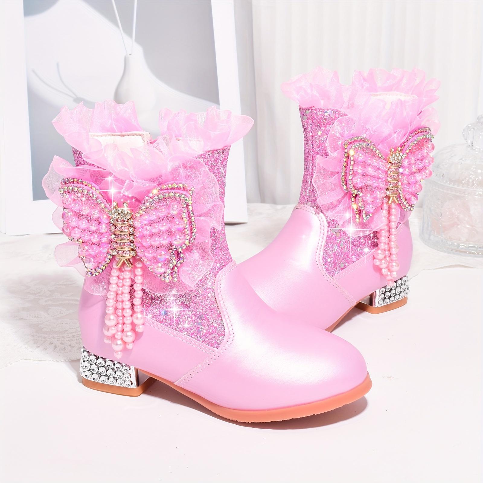 Warm Boots Winter Fleece Lined |                   Fashion Short Boots for Girls New Warm High Heel Princess Bowknot Daily Shoes