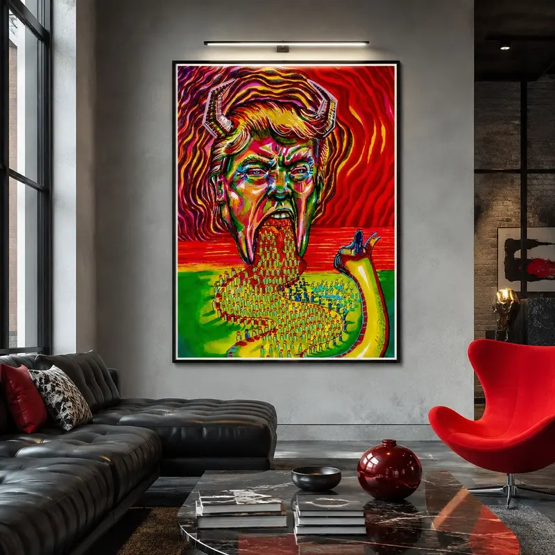 Most Trusted Art Print, Psychedelic Political Satire Poster, Surreal Horned Caricature Wall Art, Colorful Pop Art Canvas Print, Trippy Protest Decor for Living Room Bedroom Office, Unique Contemporary Art Gift
