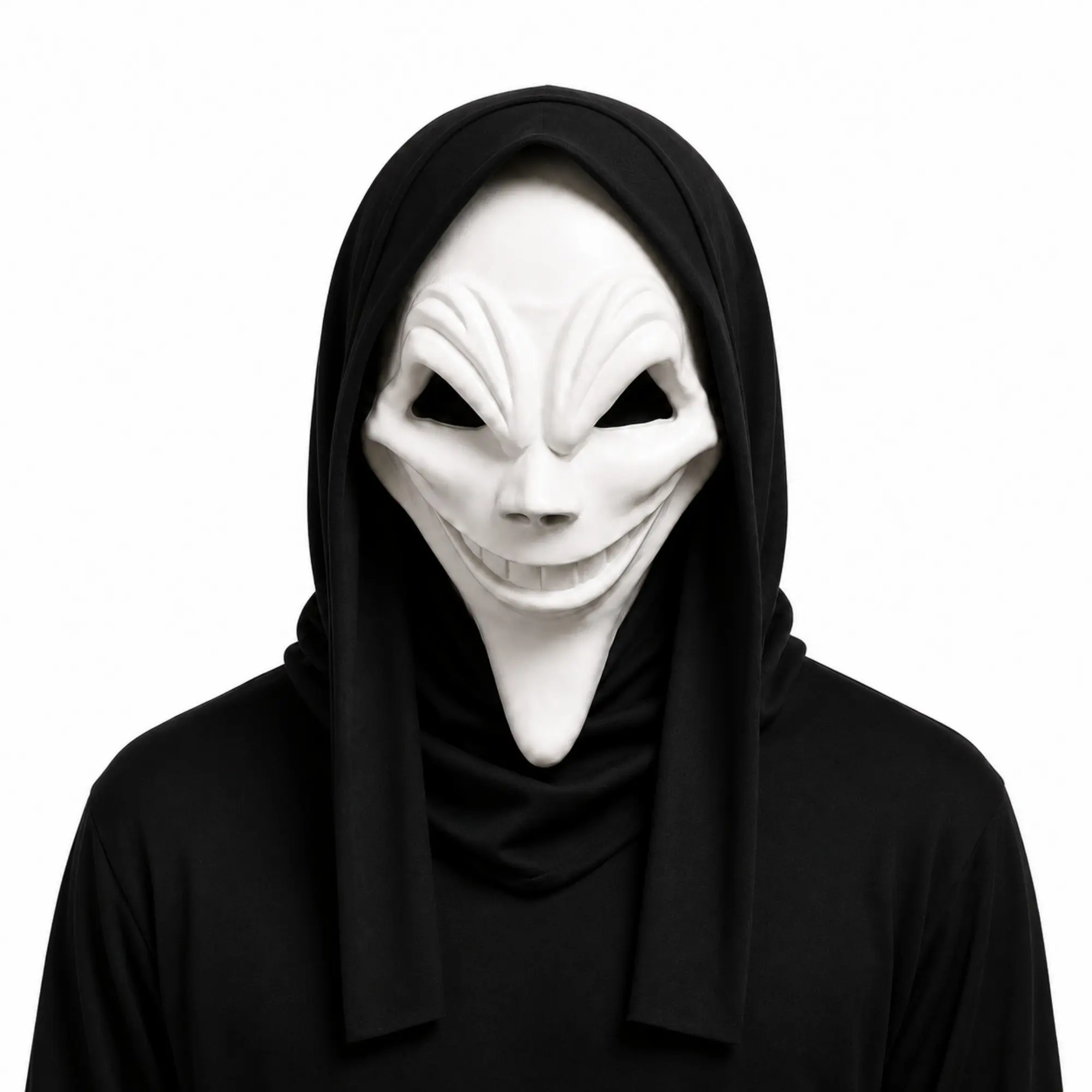 Creepy Smiling Ghost Mask Design with Hood, Scary Demon Latex Mask for Adults, Halloween Cosplay Party Costume Prop, Ceremony Use, Party Props