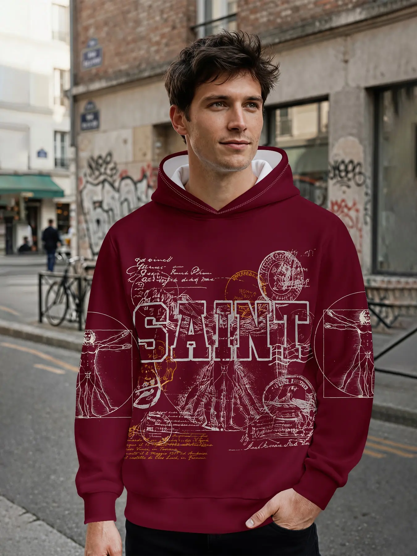 Men's Hoodie, Casual Fitted Hoodie, Art Vintage Streetwear Sweatshirt with Sketch Figure Print, Long-Sleeve Casual Hooded Jacket with 3D Digital Print for Men, for Daily Street Looks and Music Festival Outfits, Perfect Holiday Gift for Men