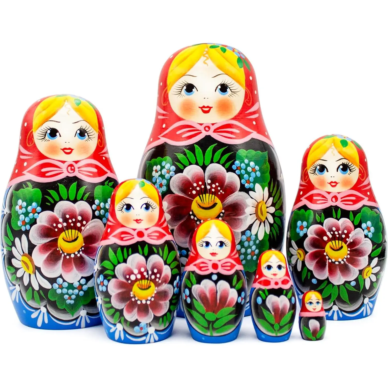 Russian Nesting Dolls Set 7 pcs - Russian Nesting Babushka Dolls with Flowers - Handmade Matryoshka Doll with Rose Flowers Home Decor - Munecas Rusas