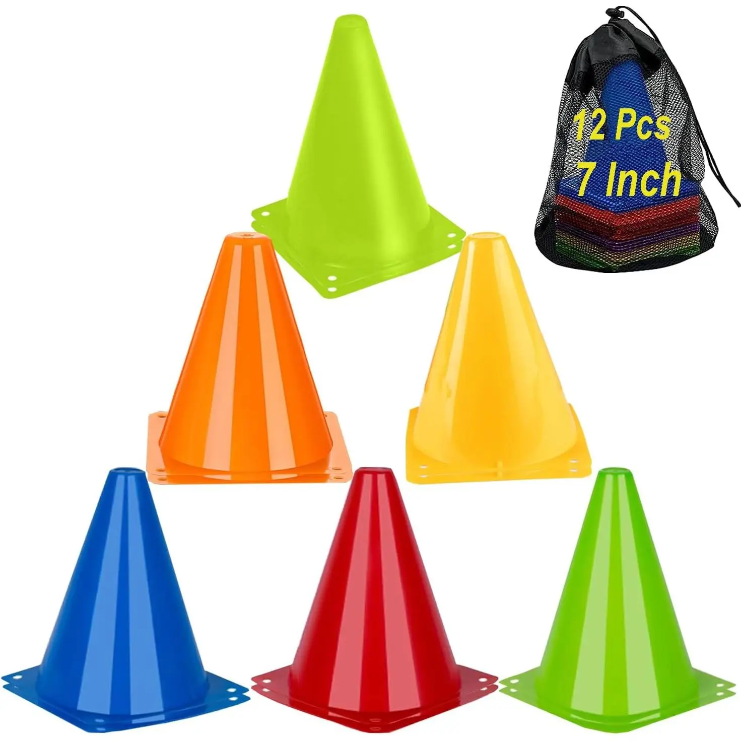 Soccer Cones   Agility Field Marker Cone, 12 Pack 7 Inch  Cones Set with Mesh Bag, Colorful Cones for Soccer, Skating, Basketball, Baseball Drills, Outdoor & Indoor Activity