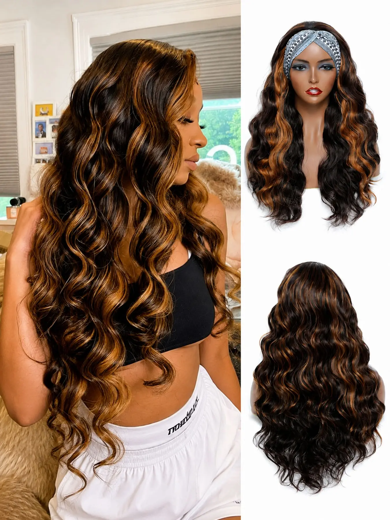 Long Wavy Headband Wig for Women, Wigs with Blonde Highlights, Glueless Synthetic Wig, All Seasons Wear