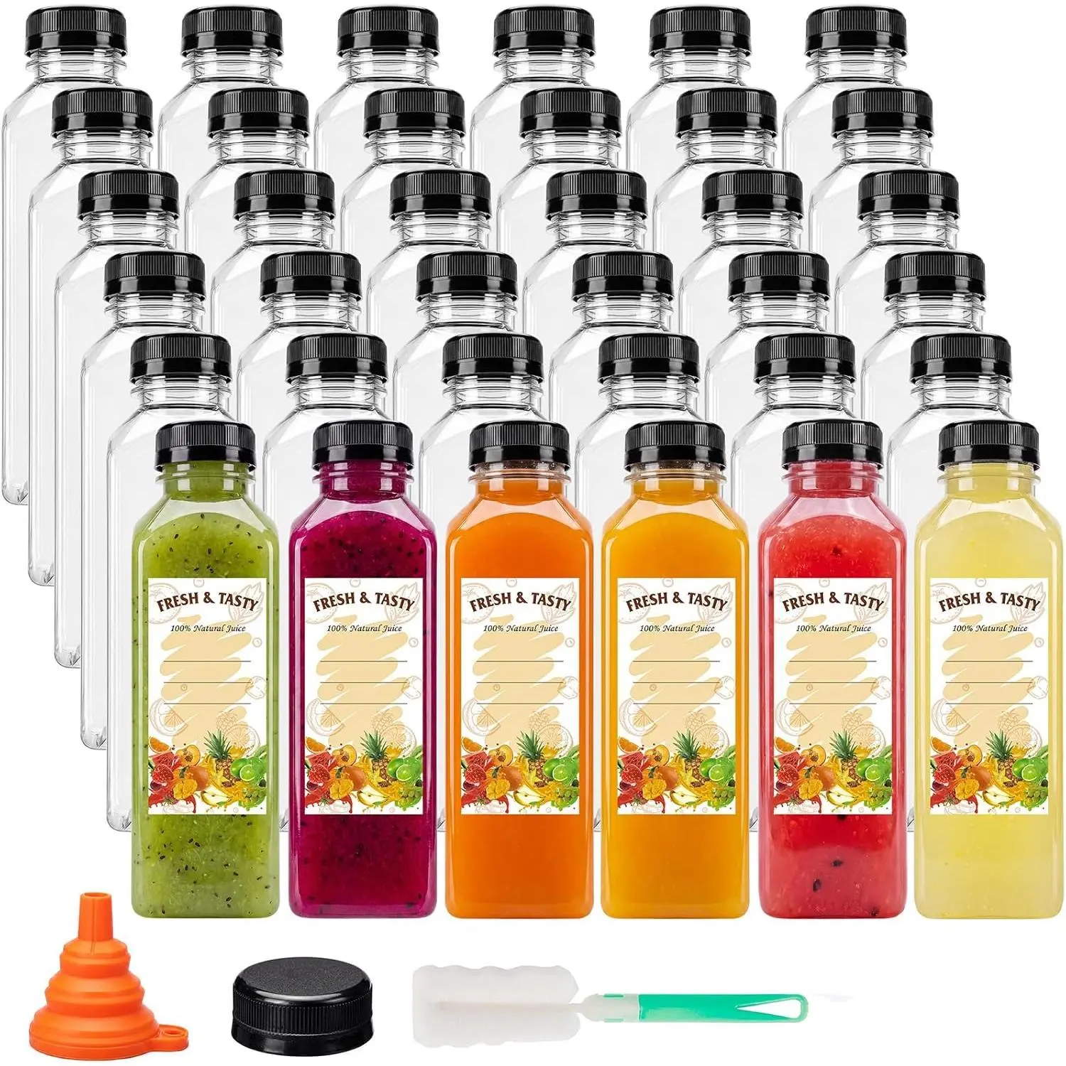 36pcs 16oz Empty Plastic Juice Bottles with Caps, Reusable Clear Bulk Beverage Containers for Juice, Milk, Smoothie, and Other Beverages