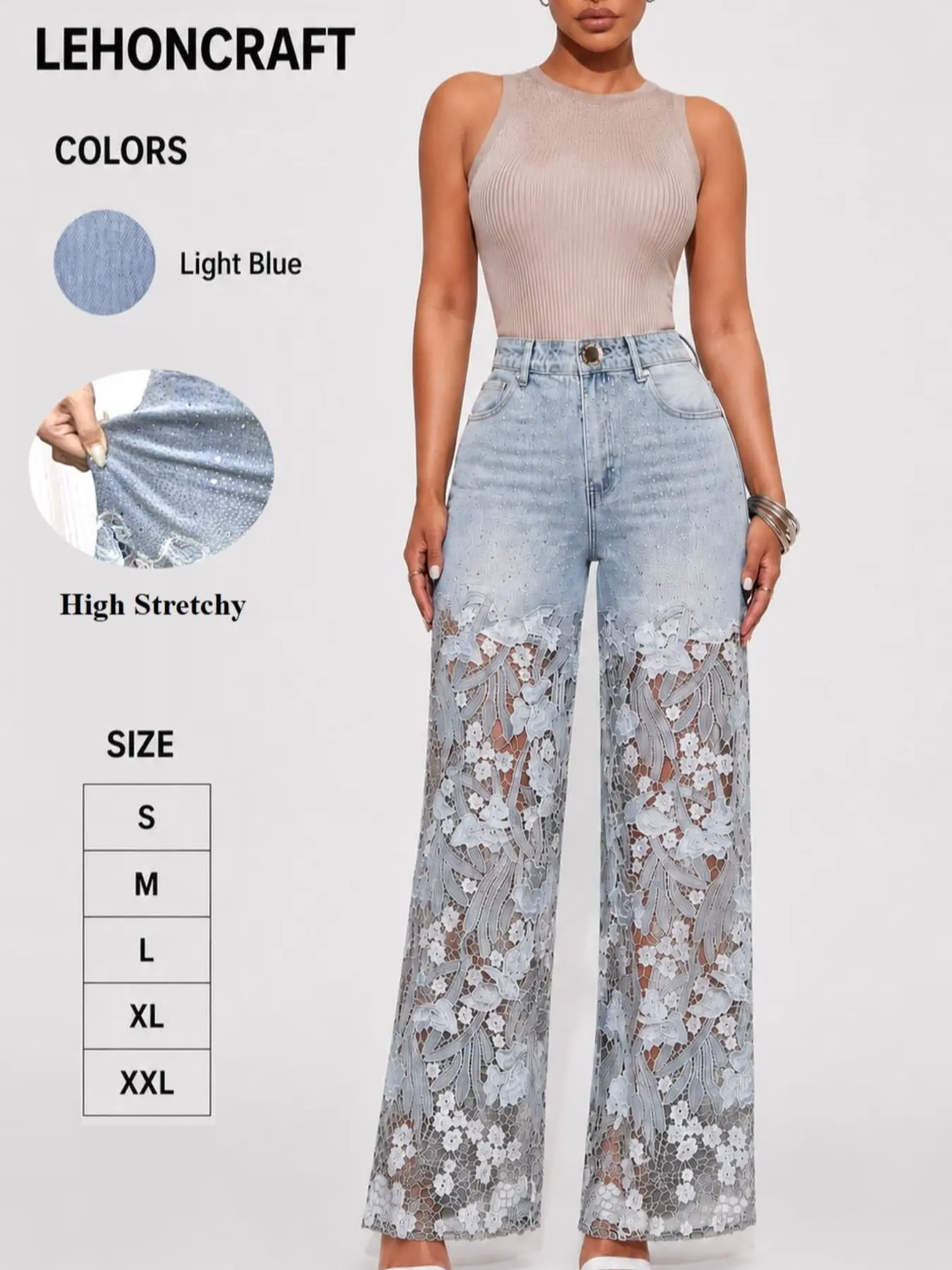 Guipure Lace Spliced High Waist Jeans, Wide Leg Washed Pants, Casual Floral Pattern, All Seasons, High Stretch Comfort