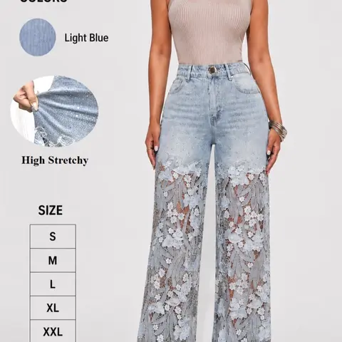 Guipure Lace Spliced High Waist Jeans, Wide Leg Washed Casual Floral Pattern High Stretch Pants for All Seasons