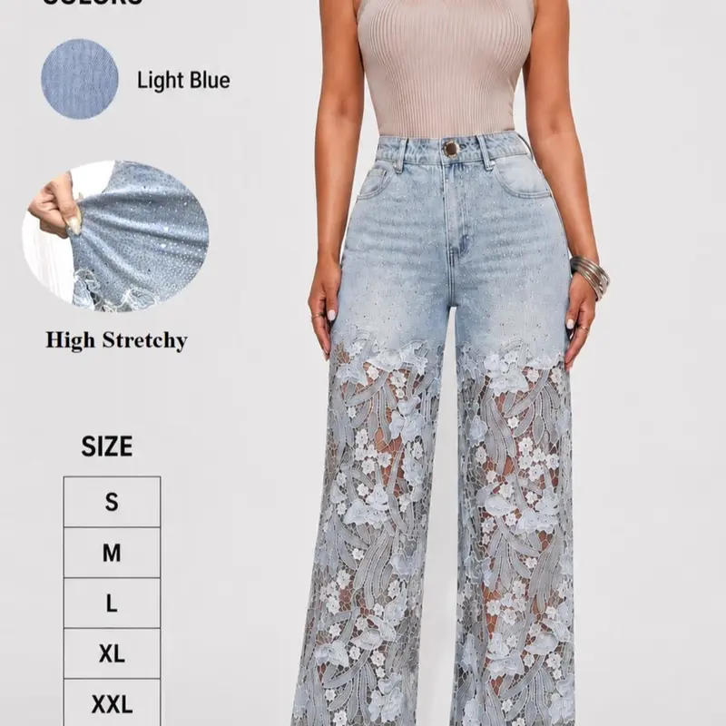 Guipure Lace Spliced High Waist Jeans, Wide Leg Washed Casual Floral Pattern High Stretch Pants for All Seasons