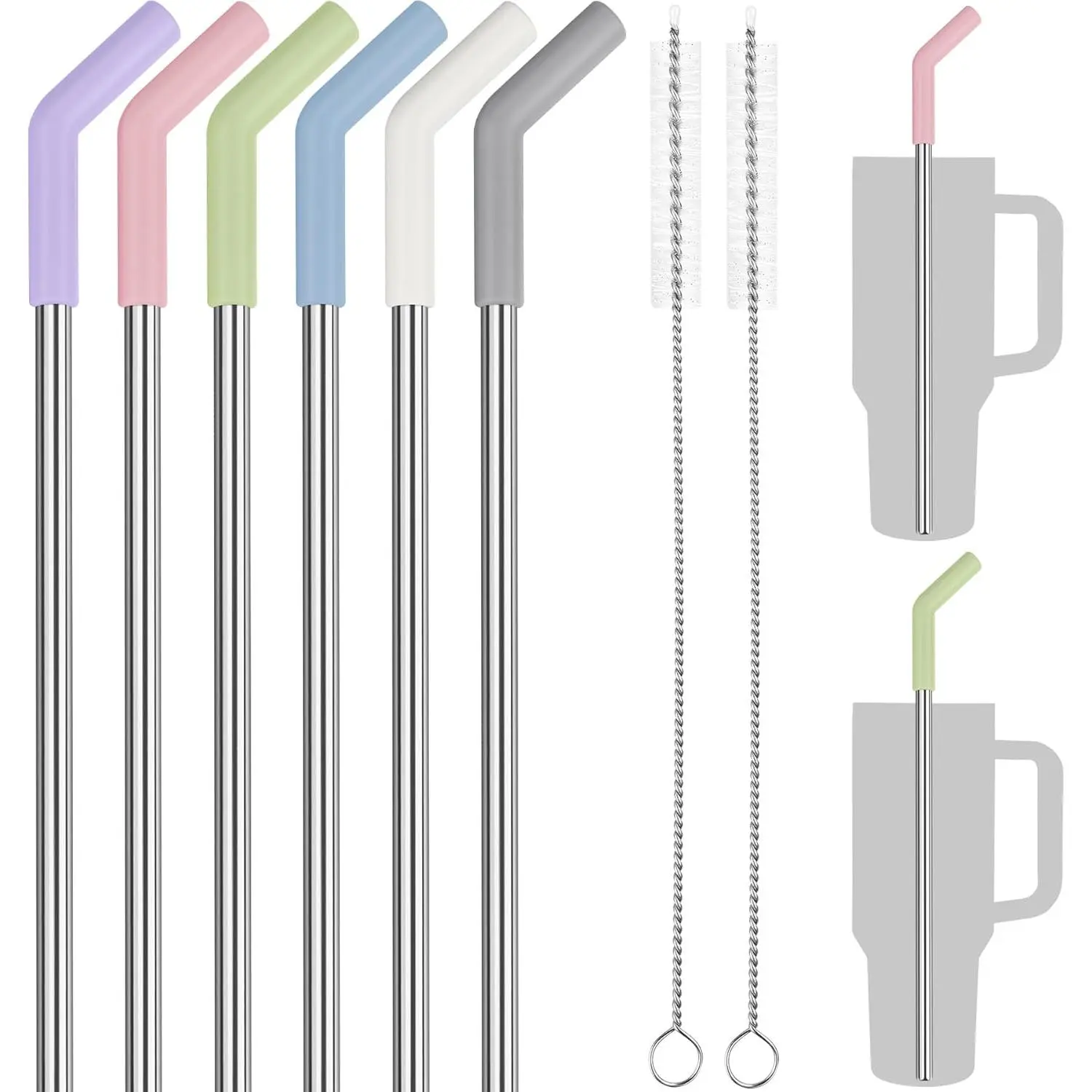 40oz Straws, 13 Inch Stainless Steel Straw with Silicone Extender Tip   Stanley Adventure Quencher Tumbler 6-Pack with 2 Brushes, 0.35" Diameter Straws Food Grade BPA-Free Colorful Set