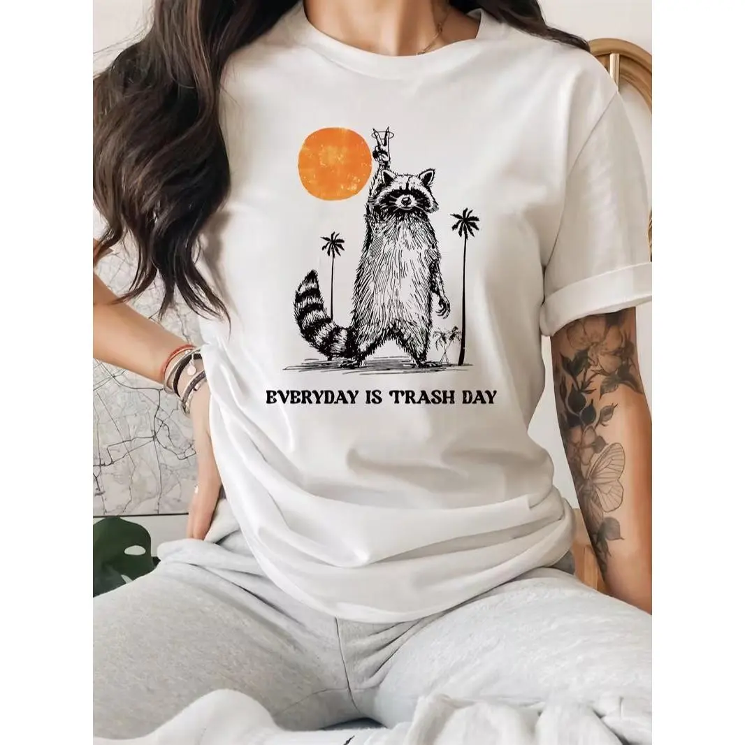 Women's Cotton Raccoon Letter Print Short-Sleeve Round Neck Top - Everyday Casual Spring Summer Sports Wear, Bonus Bag & Quote Incl., Shortsleeve