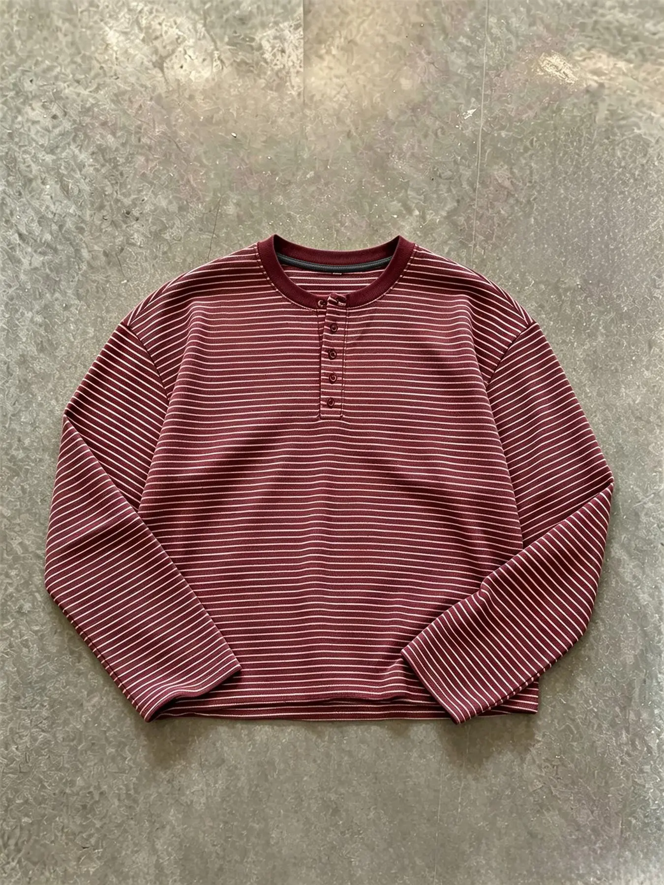 Y2K Short Henry Neck Long Sleeve T-Shirt for Men, Striped Button Collar Loose Fit Retro Daily Top, Casual All-Season Clothing