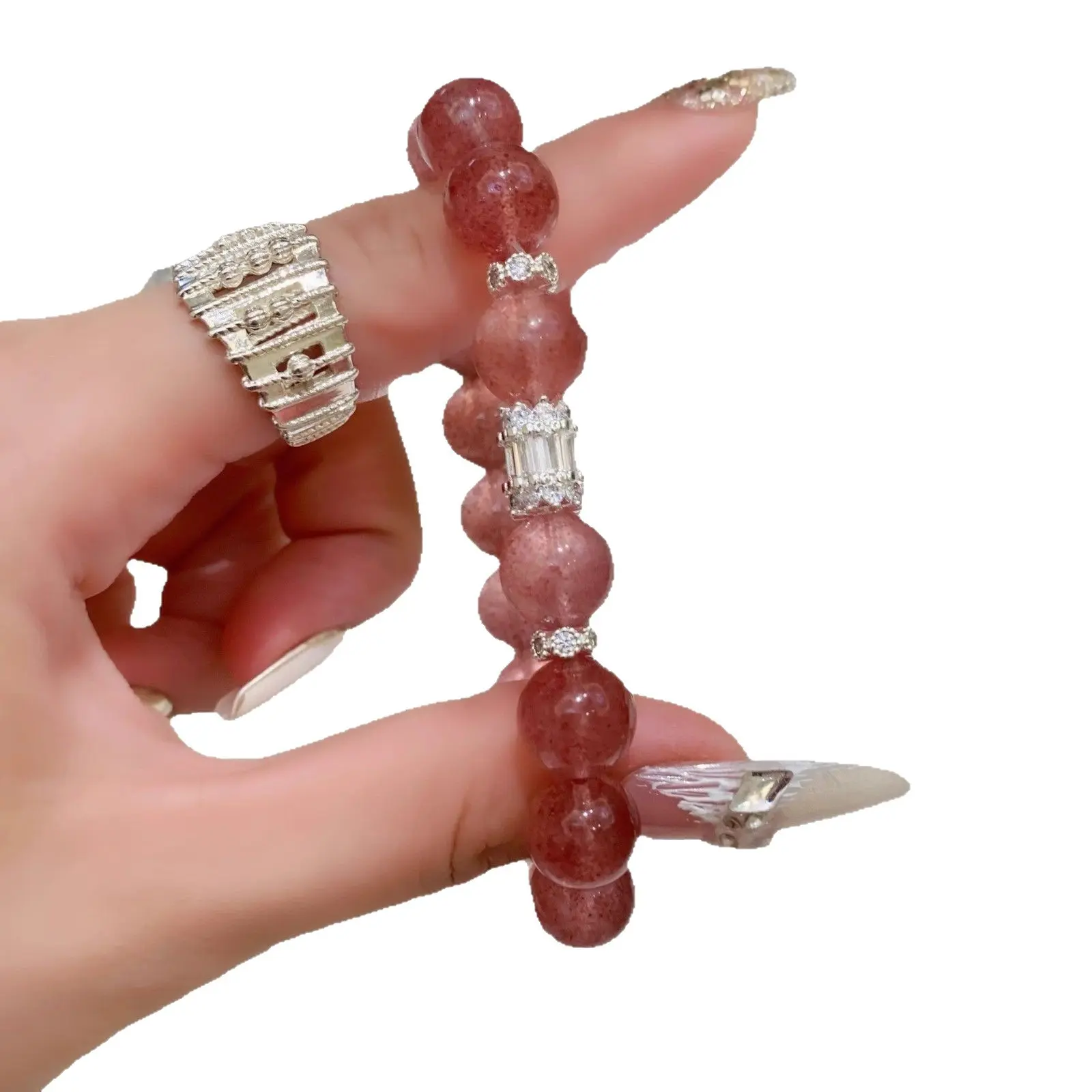Women's Natural Strawberry Quartz Beaded Bracelet, Rhinestones Speckled "Blossom Bloom" Soft Pink Elegant Casual Jewelry, Handmade High-Elastic Stretch Cord, Smooth Skin-Friendly Surface, Birthday Gift for Women, Fits Most Adult Female Wrists