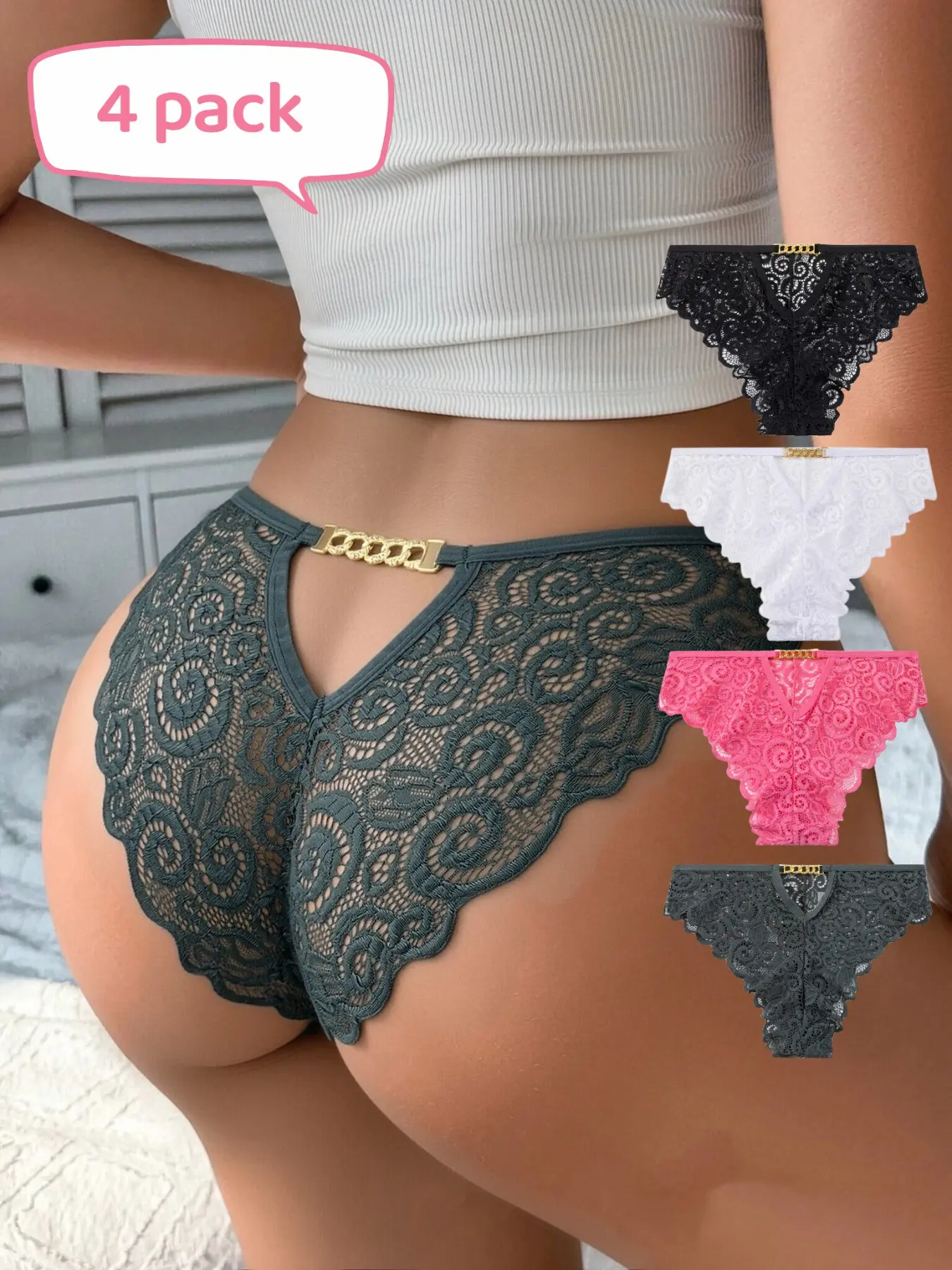 Women's Lingerie Lace Triangle Panties, Metal Chain Decor, Soft Comfortable Lightweight Breathable Fit Everyday Summer Underwear, 4 Pcs Set