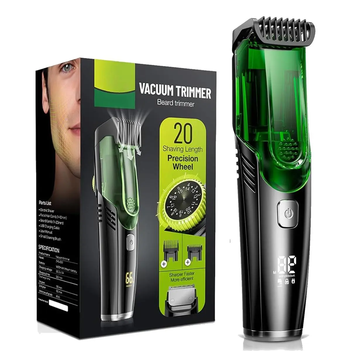 Vacuum Beard Trimmer for Men for a Mess-Free Cut, Rechargeable Electric Clipper Kit with 20 Adjustable Lengths, IPX7 Waterproof, Stainless Steel Blades