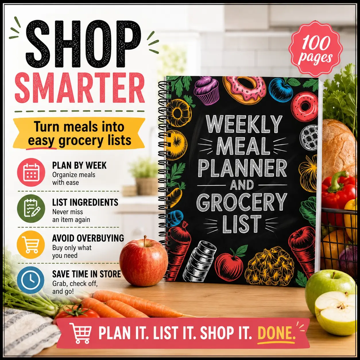 1PC Weekly Meal Planner, Menu Planner, Grocery List Notebook & Weekly Planner Notepad | 100 Pages Spiral Bound Kitchen Organizer | Meal Prep, Shopping List, Budget Planning & Healthy Eating Journal for Busy Moms, Students & Home Cooks
