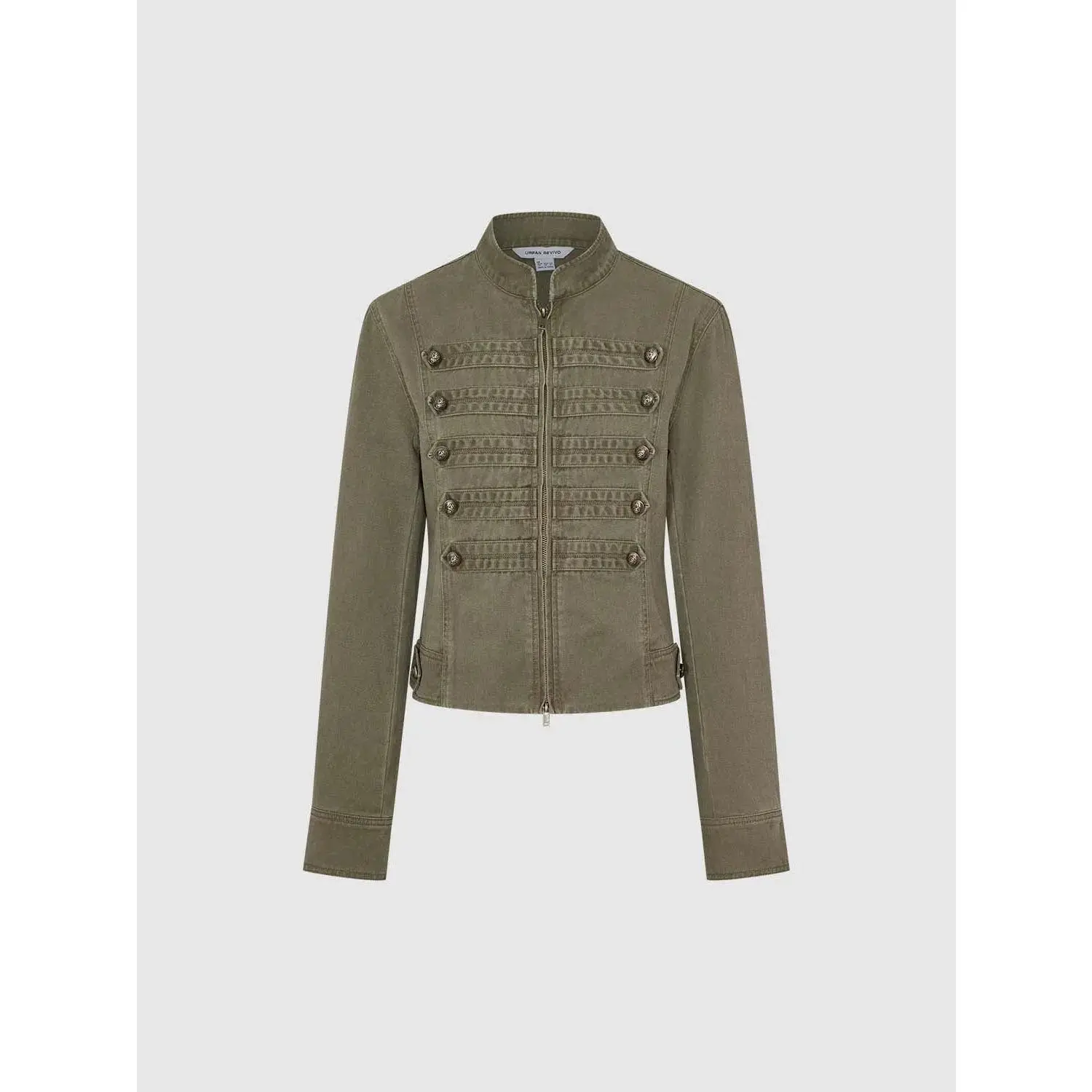 URBAN REVIVO Women's Cropped Military-Style Jacket in Breathable Cotton with Braided Trim and Button Details, Tops, Fabric, Coats, Drape, Casual, Outerwear, Long Sleeve