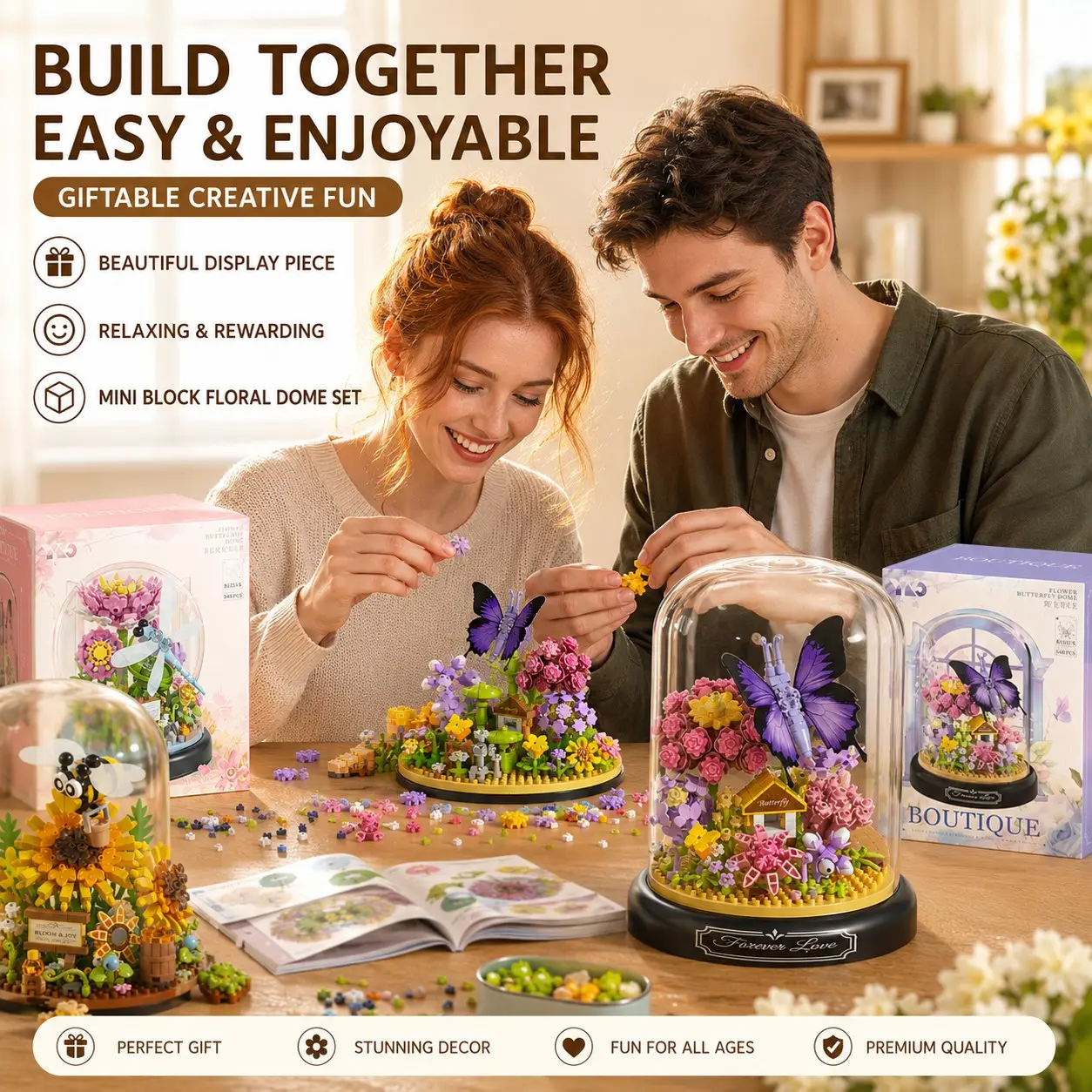4 Styles Mini Floral Dome Building Blocks, Cute Flower Garden Style, Transparent Dome Display, Sunflower Bee, Purple Butterfly, Lotus Dragonfly, Ladybug Meadow, DIY Micro Bricks Toy, Home Decor, Office Desk Decor, Christmas Gift, Building Block Set
