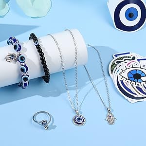 YADOCA 12/15Pcs Evil Eye Necklace, Bracelet, Earring, Ring, Keychain Hamsa Hand Pendant - Turkish Protection Jewelry Set with 50Pcs Evil Eye Stickers YADOCA 12/15Pcs Evil Eye Necklace, Bracelet, Earring, Ring, Keychain Hamsa Hand Pendant - Turkish Protection Jewelry Set with 50Pcs Evil Eye Stickers